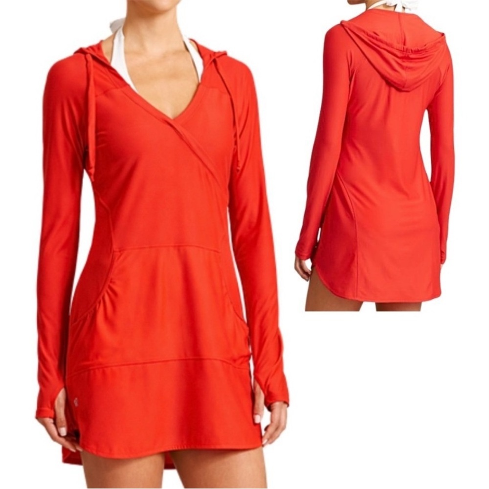 Athleta Wick-it wader swim coverup tunic dress Red hooded sun protection sz M
